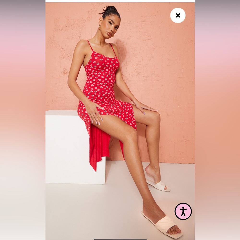 PrettyLittleThing Red Floral Midi Slip Dress